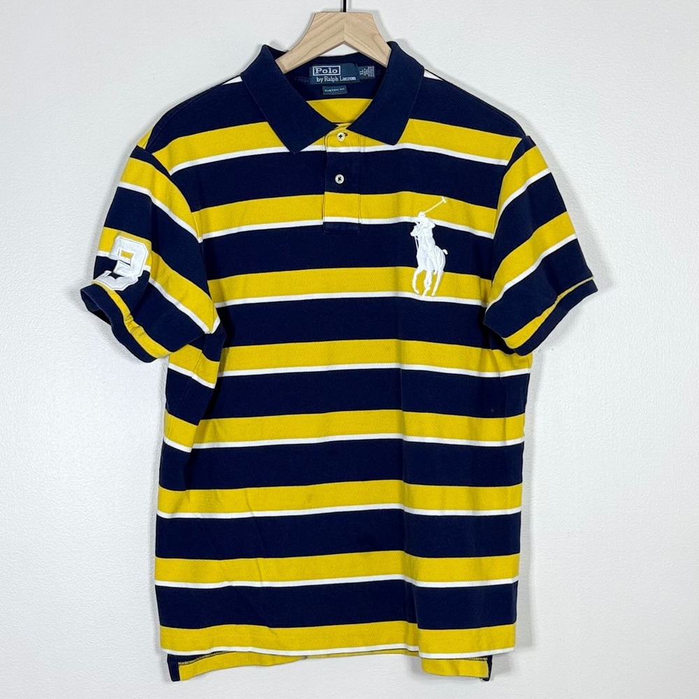 Polo Ralph Lauren Men Polo Shirt XL Navy Yellow Big Pony Custom Fit Rugby Preppy